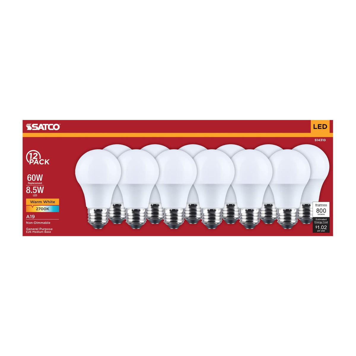 12Pk - Satco 8.5w LED A19 2700K CCT Selectable E26 Base 120v Bulb