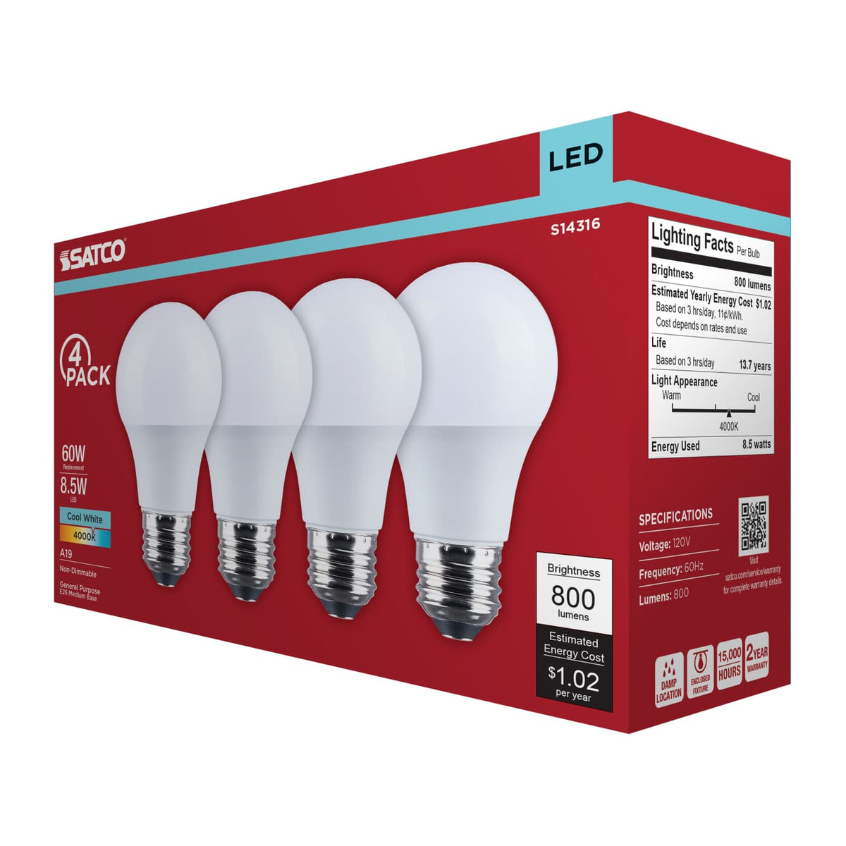 4Pk - Satco 8.5w LED A19 4000K CCT Selectable E26 Base 120v Bulb