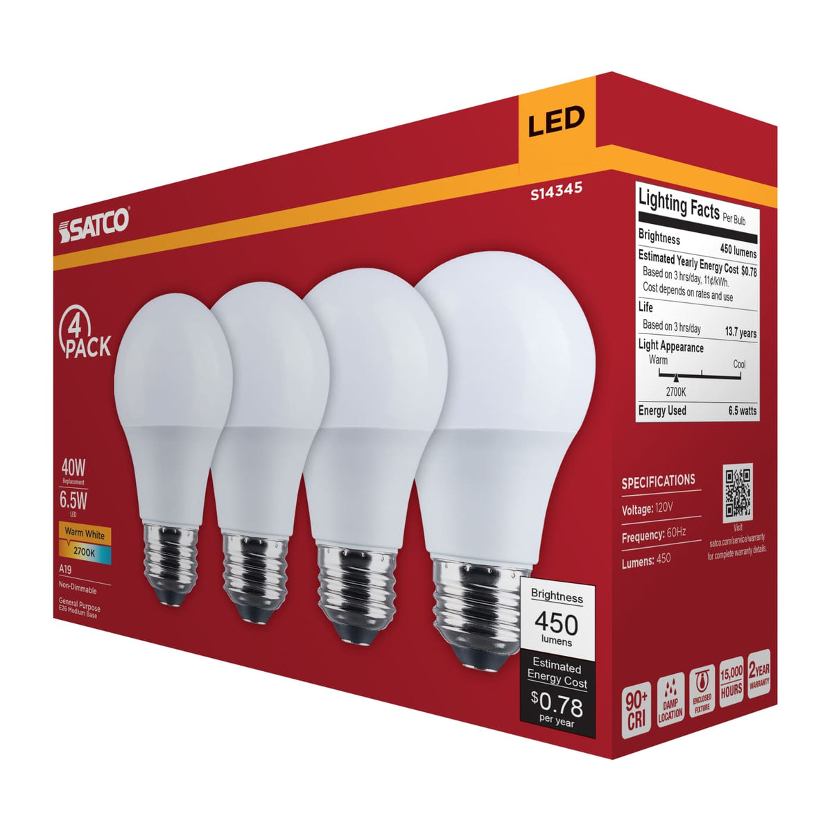 4Pk - Satco 6.5w LED A19 2700K CCT Selectable E26 Base 120v Bulb