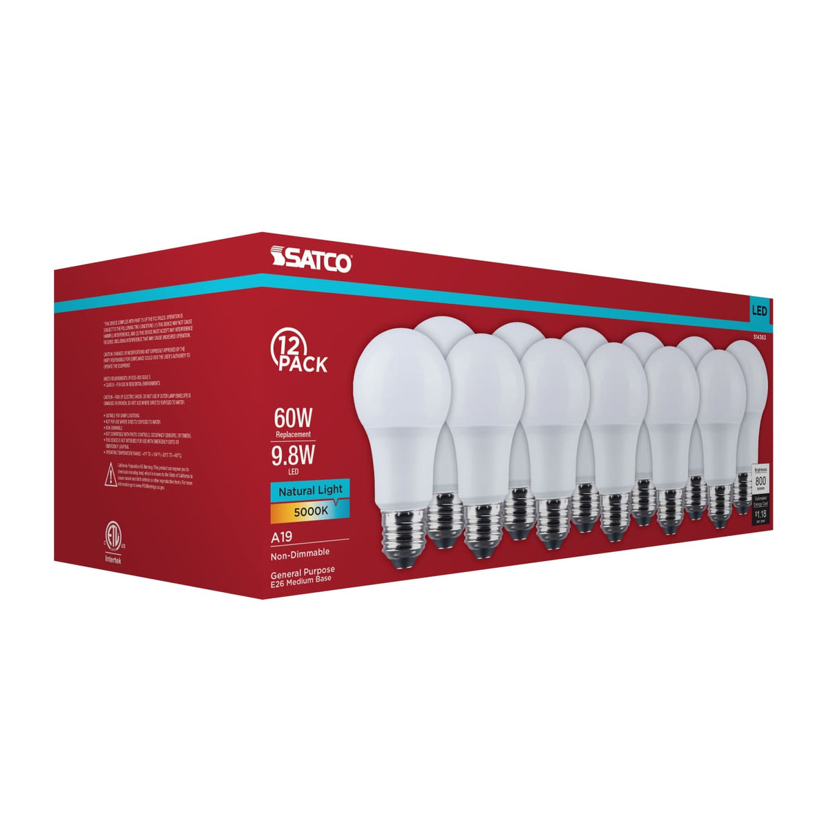 12Pk - Satco 9.8w LED A19 5000K CCT Selectable E26 Base 120v Bulb
