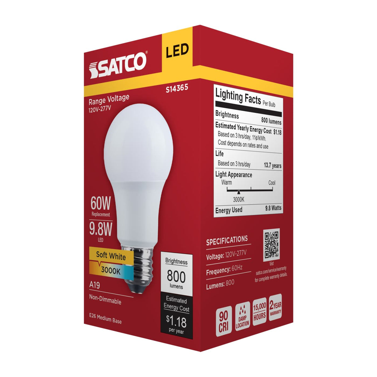 Satco 9.8w LED A19 3000K CCT Selectable E26 Base 120-277v Bulb