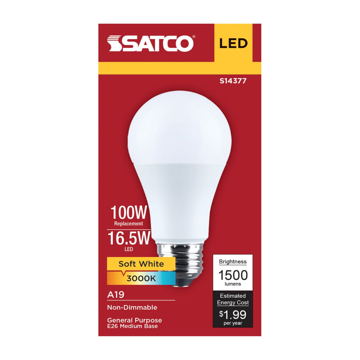 Satco 16.5w LED A19 3000K CCT Selectable E26 Base 120v Bulb