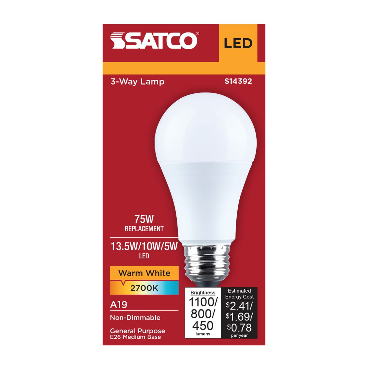 Satco LED A19 Three-Way Lamp 2700K 180 Beam Angle E26 Base 120v Bulb