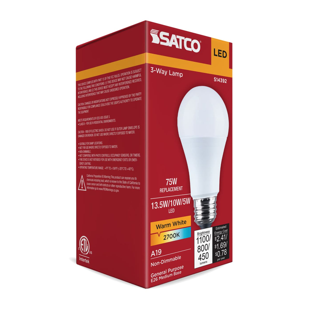 Satco LED A19 Three-Way Lamp 2700K 180 Beam Angle E26 Base 120v Bulb
