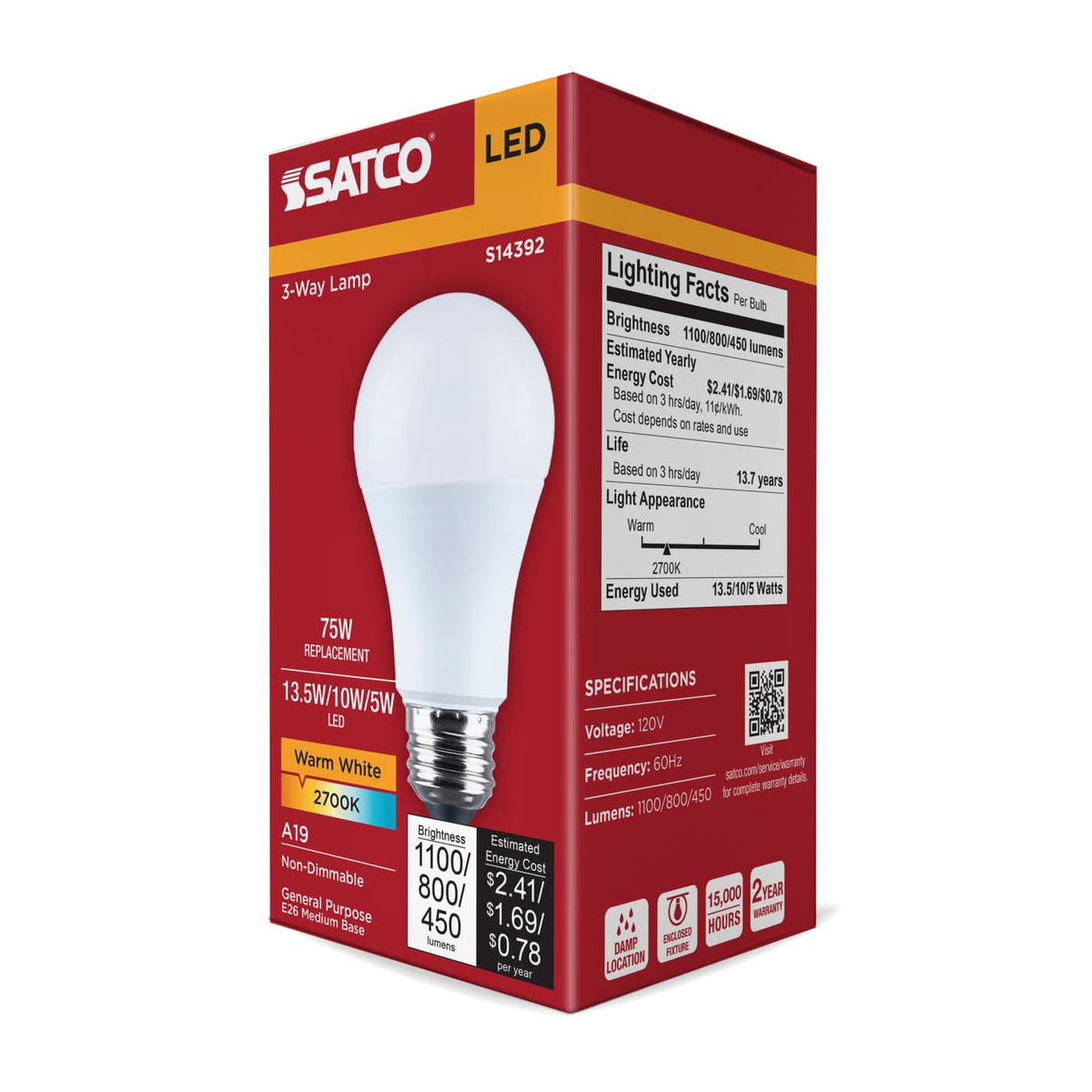 Satco LED A19 Three-Way Lamp 2700K 180 Beam Angle E26 Base 120v Bulb