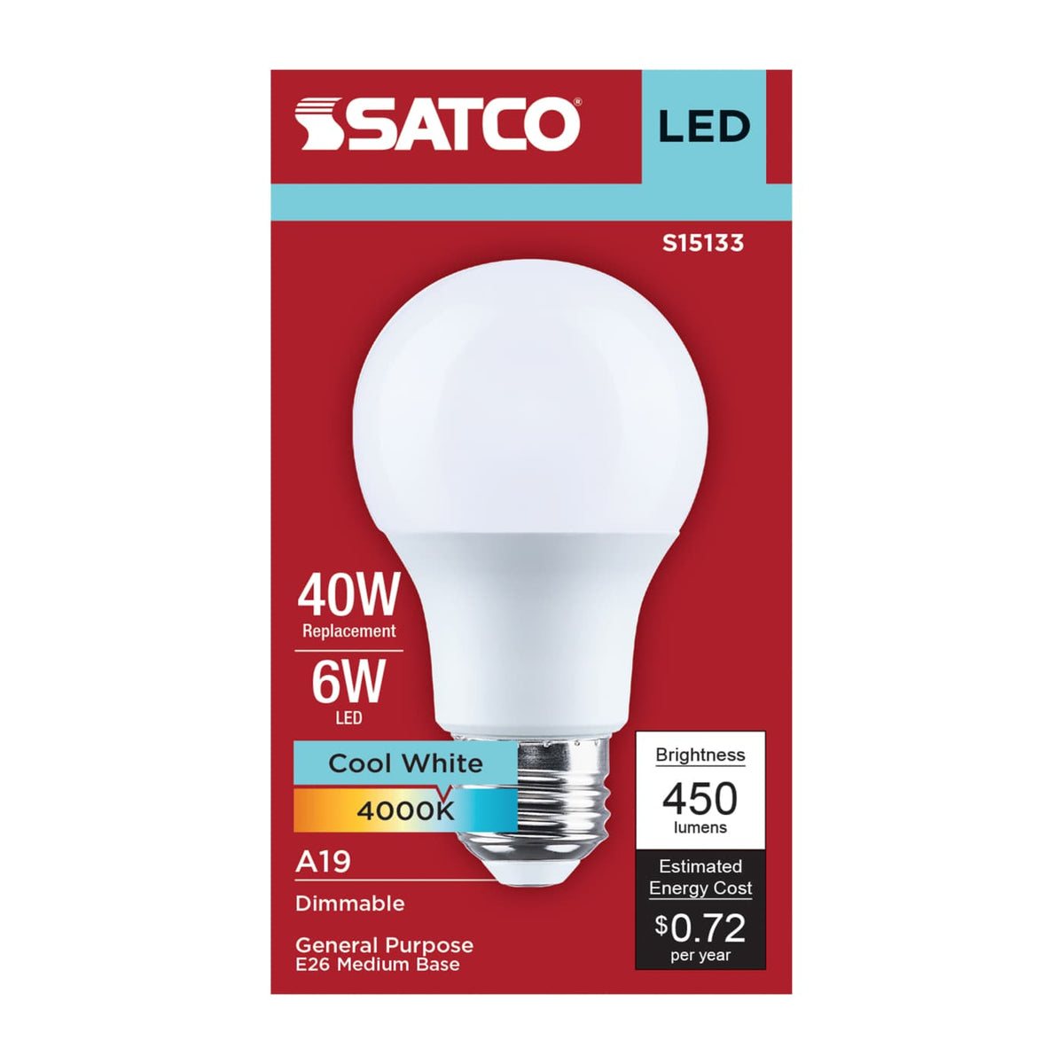 Satco 6w A19 LED 4000K CCT 80 CRI Medium Base 120v Bulb