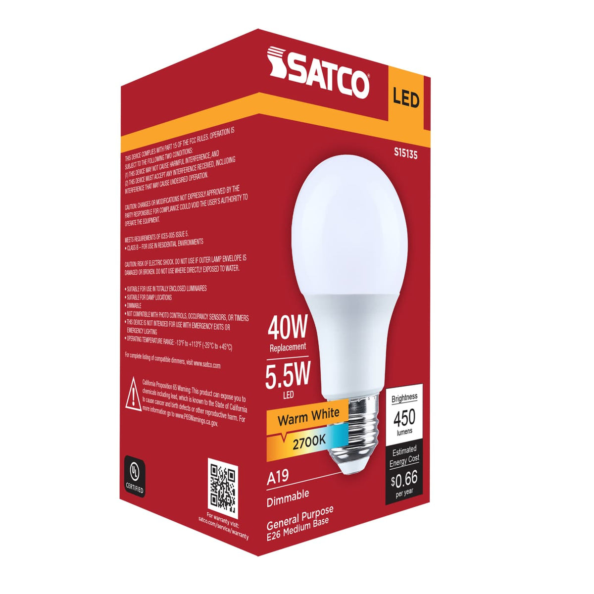 Satco 5.5w A19 LED 2700K CCT Medium Base 120v Bulb