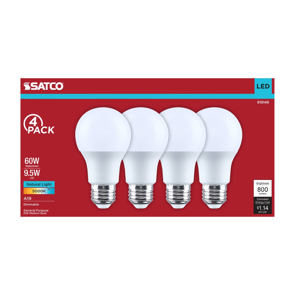 4Pk - Satco 9.5w A19 LED 5000K CCT 80 CRI Medium Base 120v Bulb