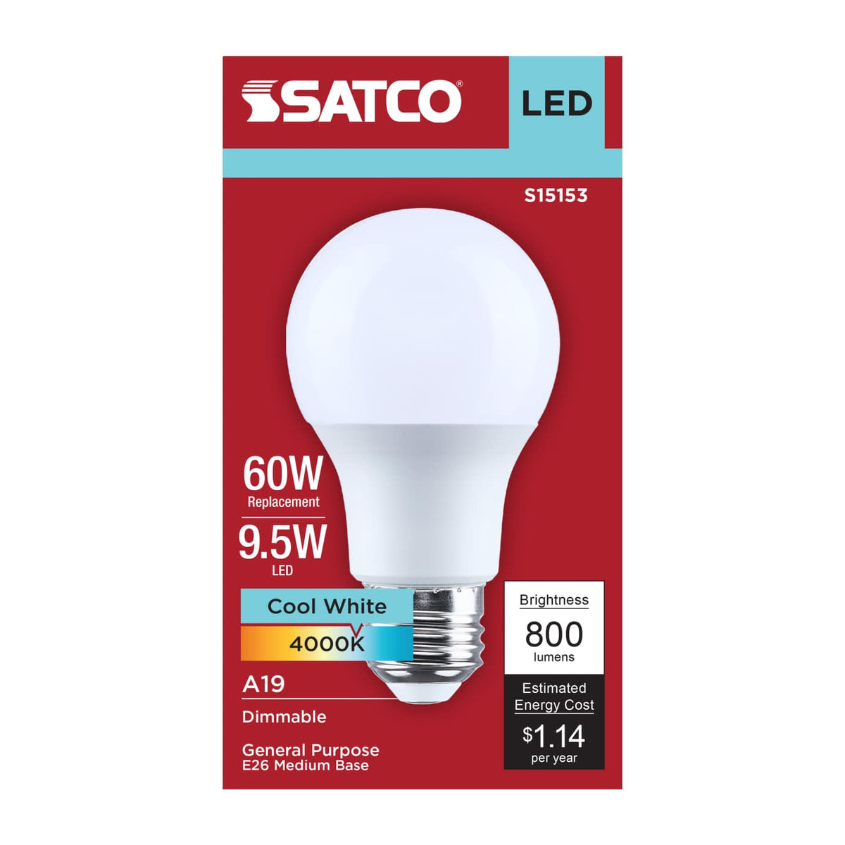 Satco 9.5w A19 LED 4000K CCT Medium Base 120v Bulb