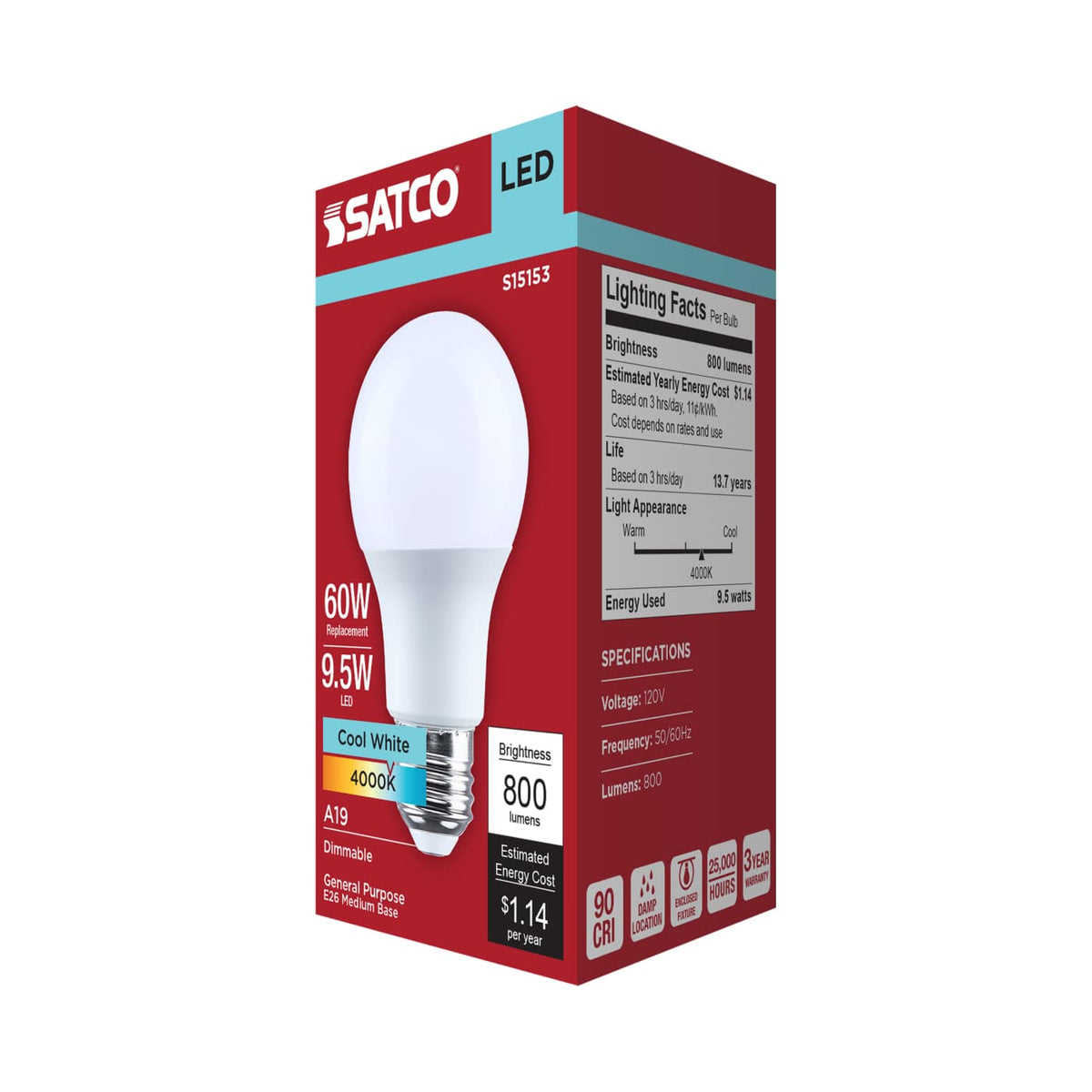 Satco 9.5w A19 LED 4000K CCT Medium Base 120v Bulb