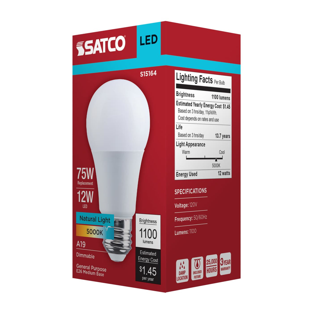 Satco 12w A19 LED 5000K CCT 80 CRI Medium Base 120v Bulb