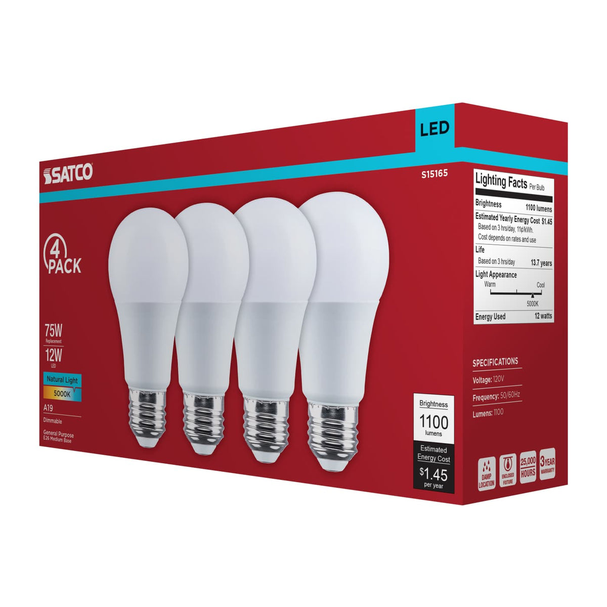 4Pk - Satco 12w A19 LED 5000K CCT 80 CRI Medium Base 120v Bulb