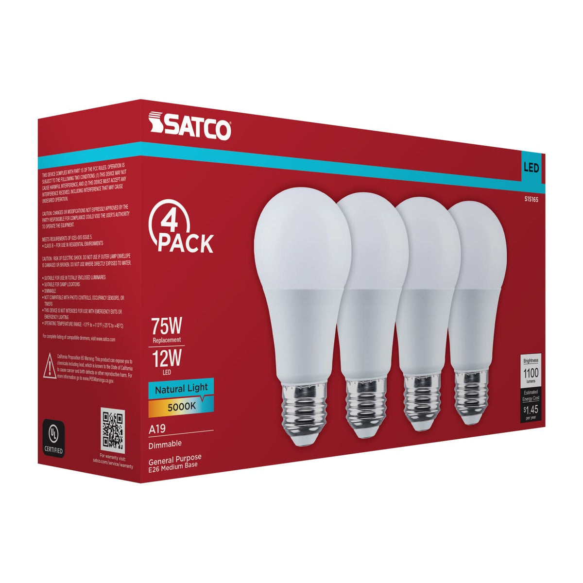 4Pk - Satco 12w A19 LED 5000K CCT 80 CRI Medium Base 120v Bulb