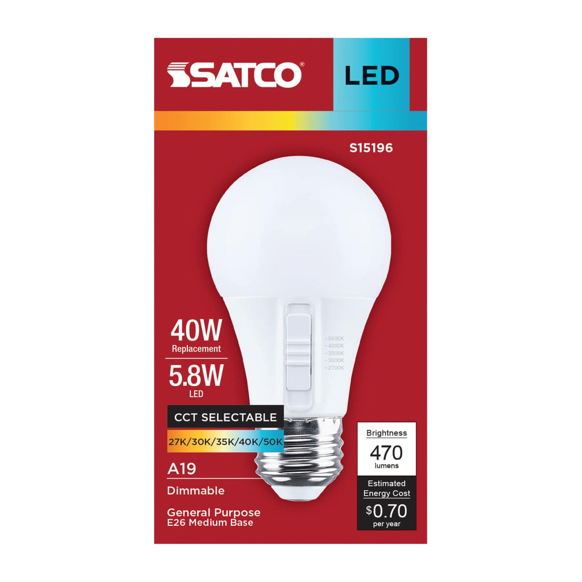 Satco 5.8w A19 LED 27K/30K/35K/40K/50K CCT Medium Base 120v Bulb