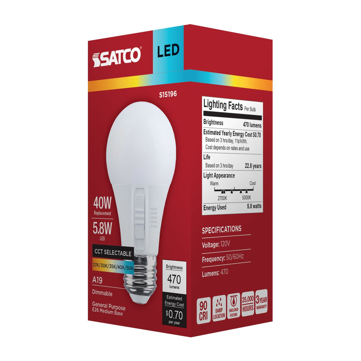 Satco 5.8w A19 LED 27K/30K/35K/40K/50K CCT Medium Base 120v Bulb