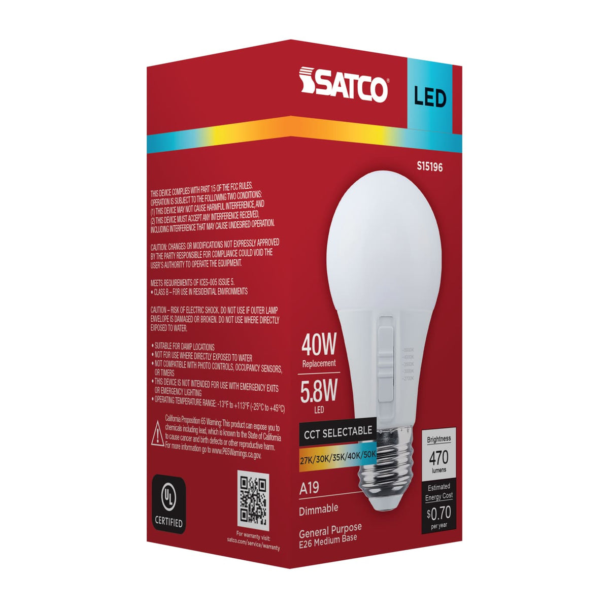 Satco 5.8w A19 LED 27K/30K/35K/40K/50K CCT Medium Base 120v Bulb