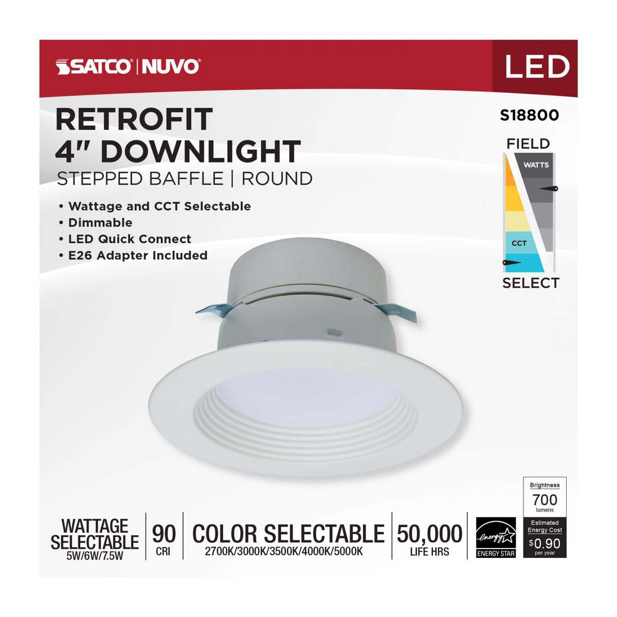 4-in LED Retrofit Downlight Wattage Lumens & CCT Selectable Round White Finish
