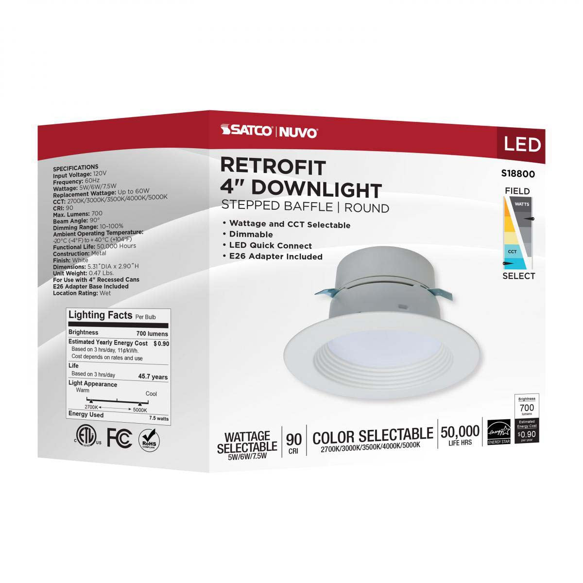 4-in LED Retrofit Downlight Wattage Lumens & CCT Selectable Round White Finish