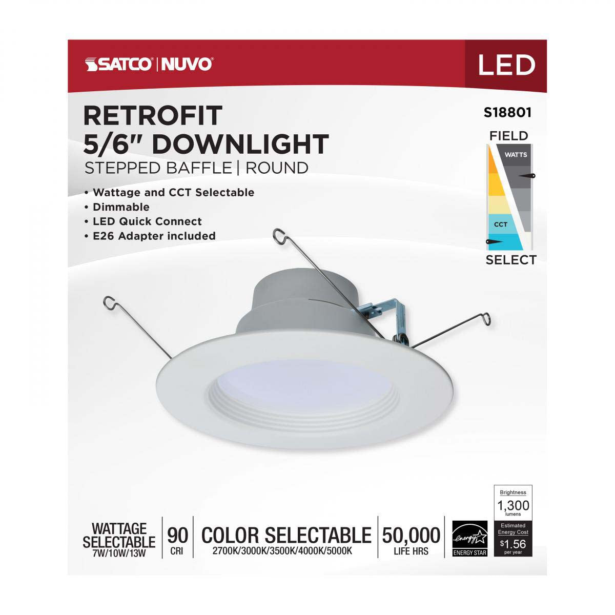 5-6-in LED Retrofit Downlight Wattage Lumens & CCT Selectable Round White Finish