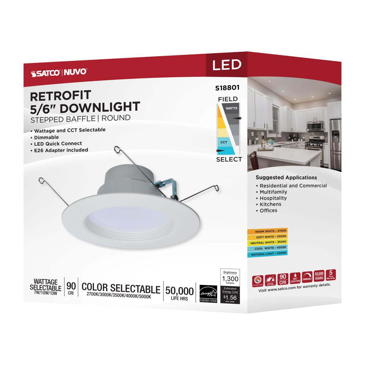 5-6-in LED Retrofit Downlight Wattage Lumens & CCT Selectable Round White Finish