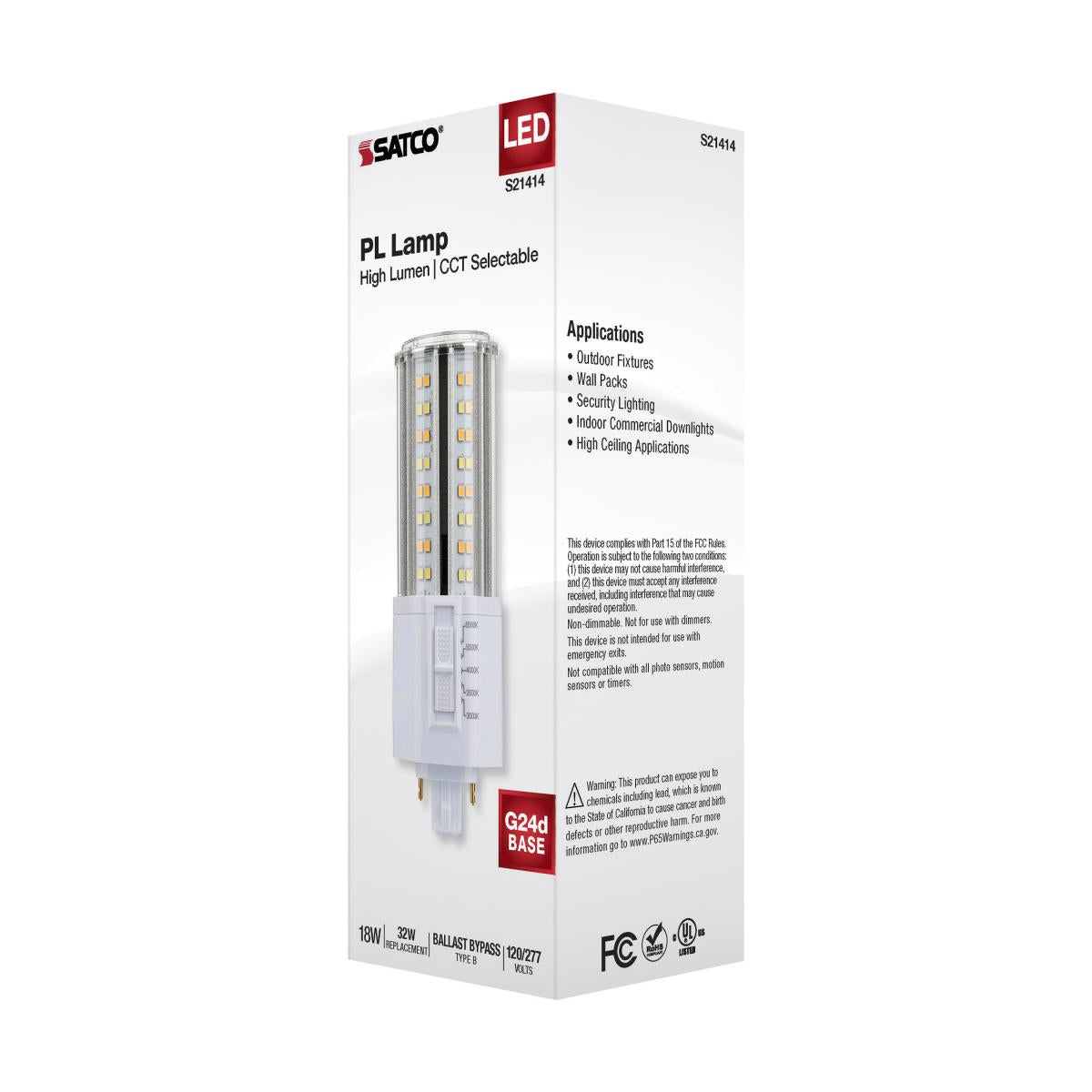 Satco 18w LED PL 2-Pin G24d CCT Tunable 120-277v White Finish Type B Bulb