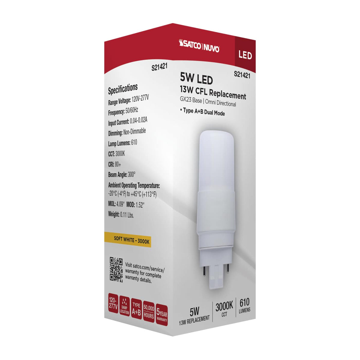 Satco 5w PL LED GX23 Base Frost Finish Type A/B Dual Ballast 3000K 120-277v Bulb