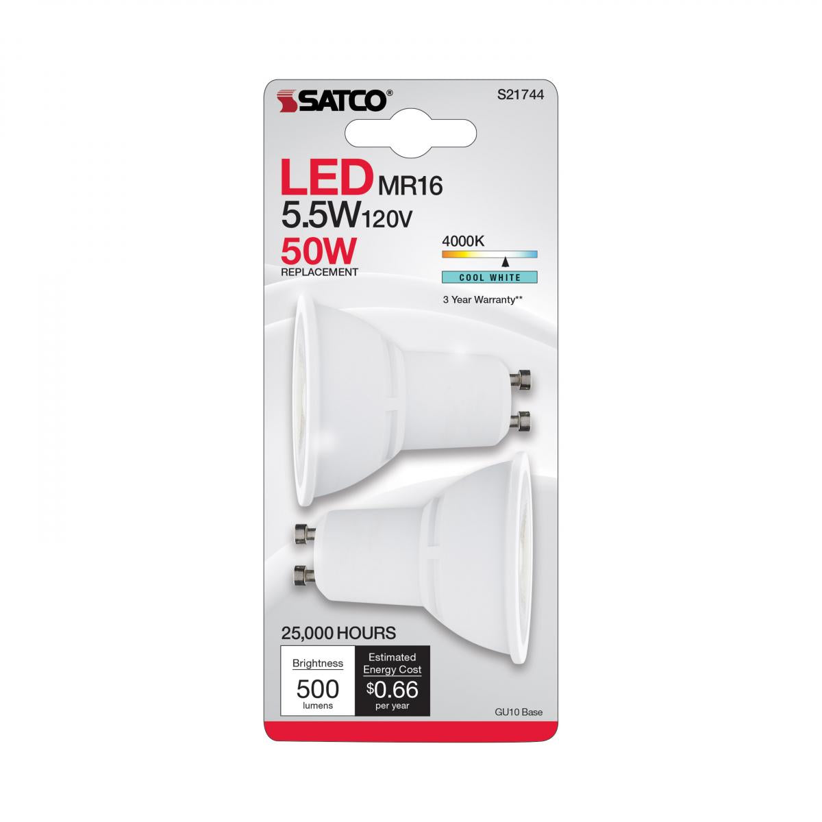 2Pk - Satco 5.5w MR16 LED GU10 Base 120v 40deg 4000K White Finish Bulb
