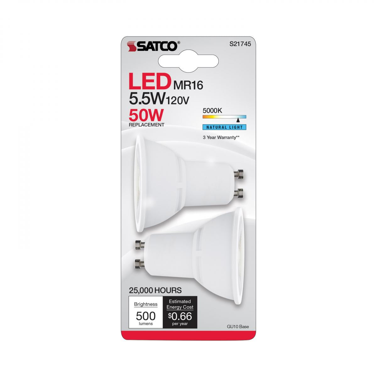 2Pk - Satco 5.5w MR16 LED GU10 Base 120v 40deg 5000K White Finish Bulb