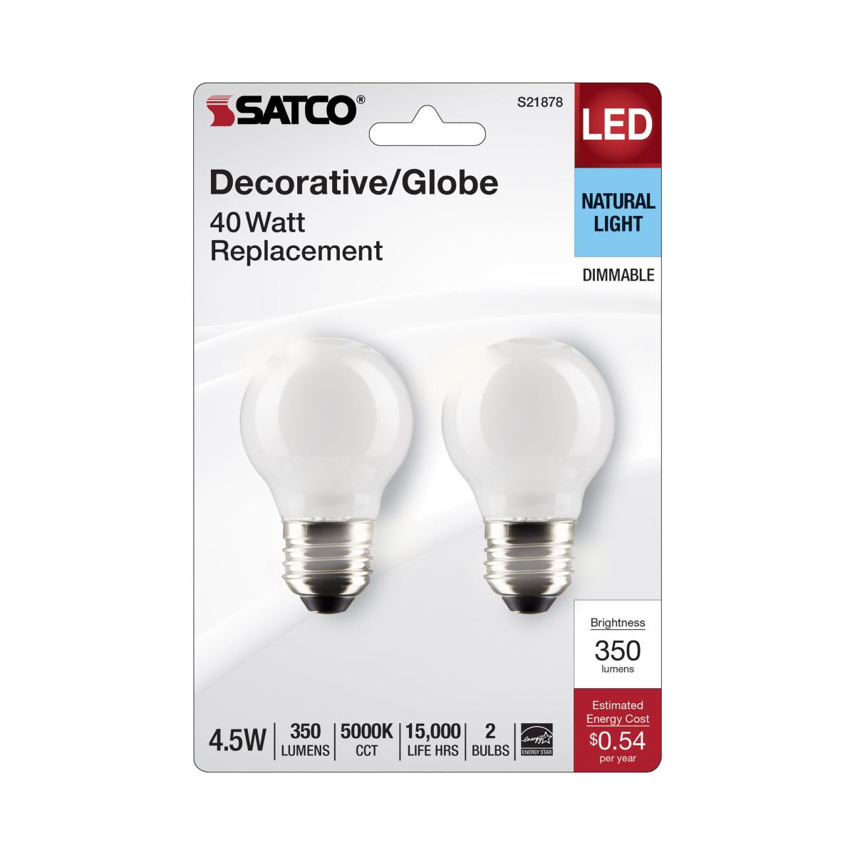 2Pk - Satco 4.5w G16.5 LED E26 Medium Base 5000K 120v White Finish Bulb