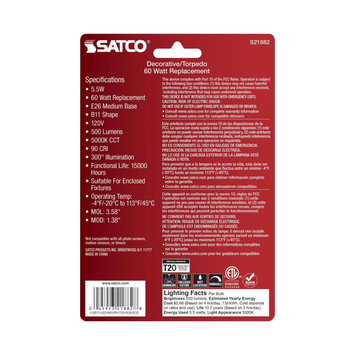 2Pk - Satco 5.5w B11 LED E26 Medium Base 5000K 120v Frosted Finish Bulb