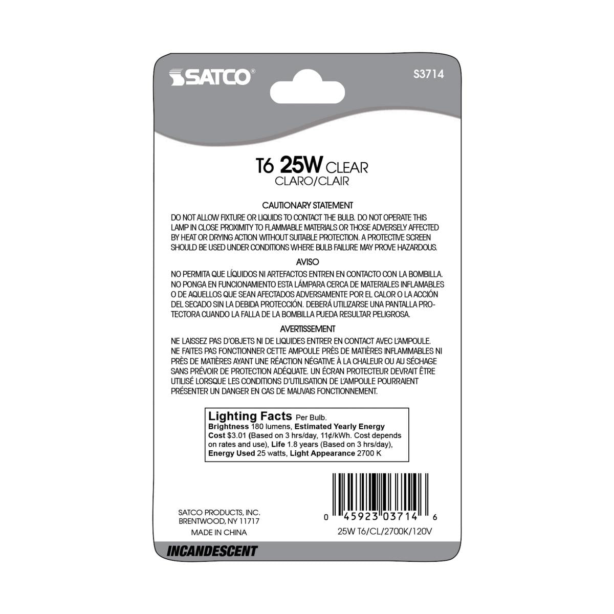 Satco 25w Incandescent T6 180Lm E12 Candelabra base 120v Clear Finish Bulb