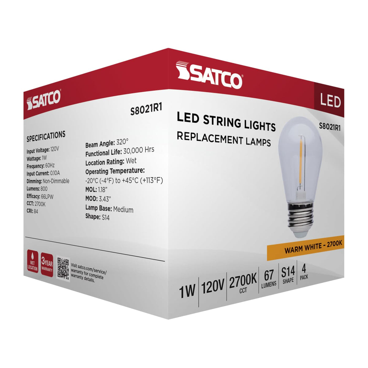4Pk - Satco S14 LED String Light Replacement Lamp E26 Base 2700K Clear 120v Bulb