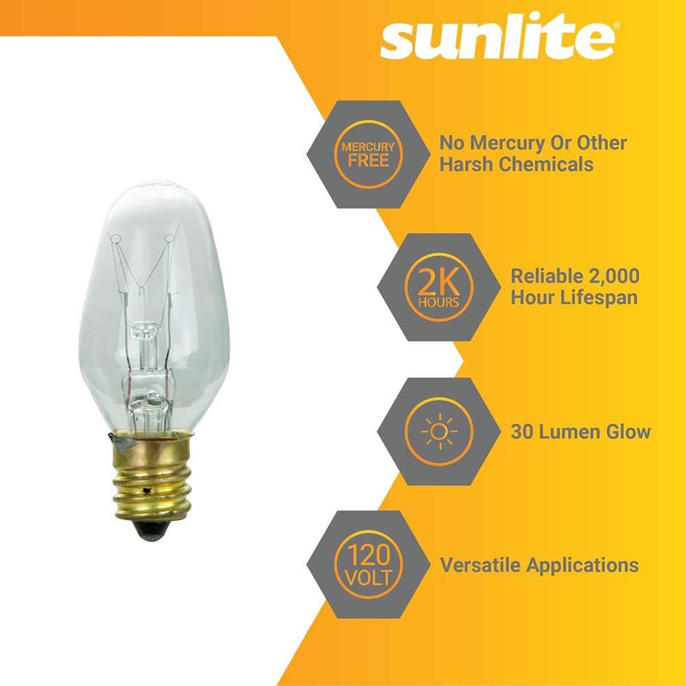 12Pk - Sunlite 7w 7C7 Incandescent E12 Base C7 Night Light Clear Colored Bulb