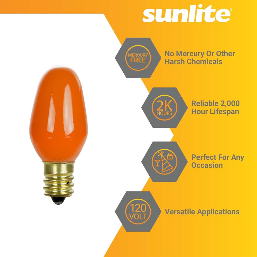 12Pk - Sunlite 7w7 7C7 Incandescent E12 Base C7 Night Light Orange Colored Bulb