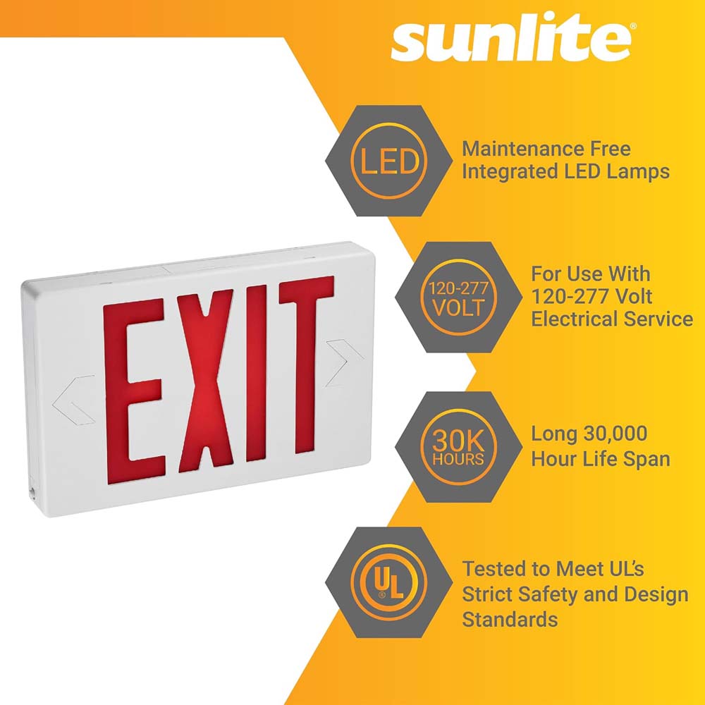 Sunlite 0.25w One or Two Face LED Exit Sign 90-Minute Battery Backup 120-277v