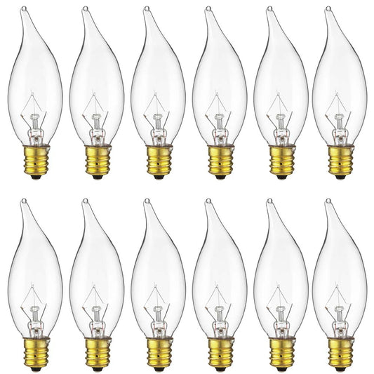 12Pk - Sunlite 15W Incandescent Flame Tip Petite Chandelier E12 Base Clear Bulb