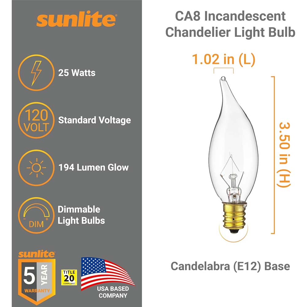 12Pk - Sunlite 25W Incandescent Flame Tip Petite Chandelier E12 Base Clear Bulb