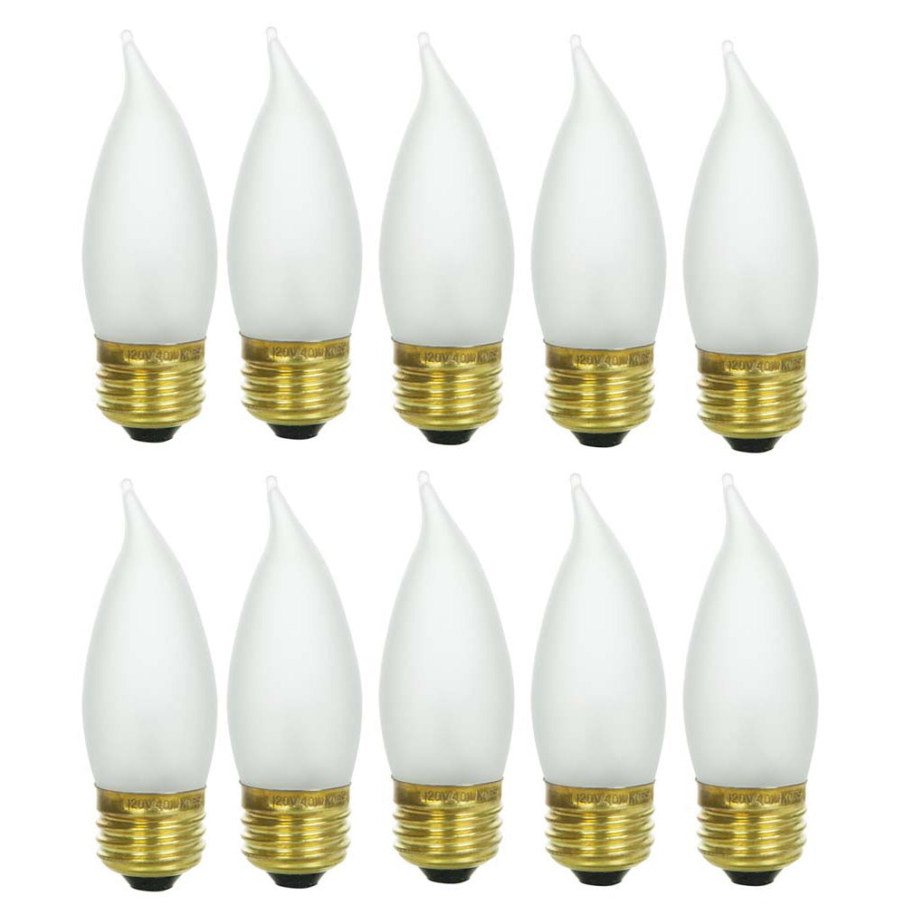 10Pk - Sunlite 25w Incandescent Flame Tip Chandelier E26 Base Frosted Bulb