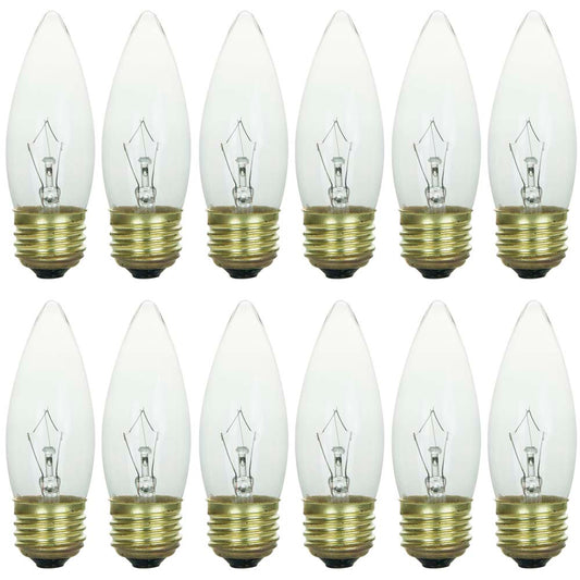 12Pk - Sunlite 25W Incandescent Torpedo Tip Chandelier 2600K E26 Base Clear Bulb