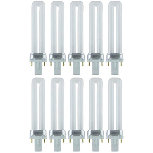 10Pk - Sunlite 7W 3500K 2-Pin Shaped PL CFL Twin Tube Plugin G23 Base Light Bulb