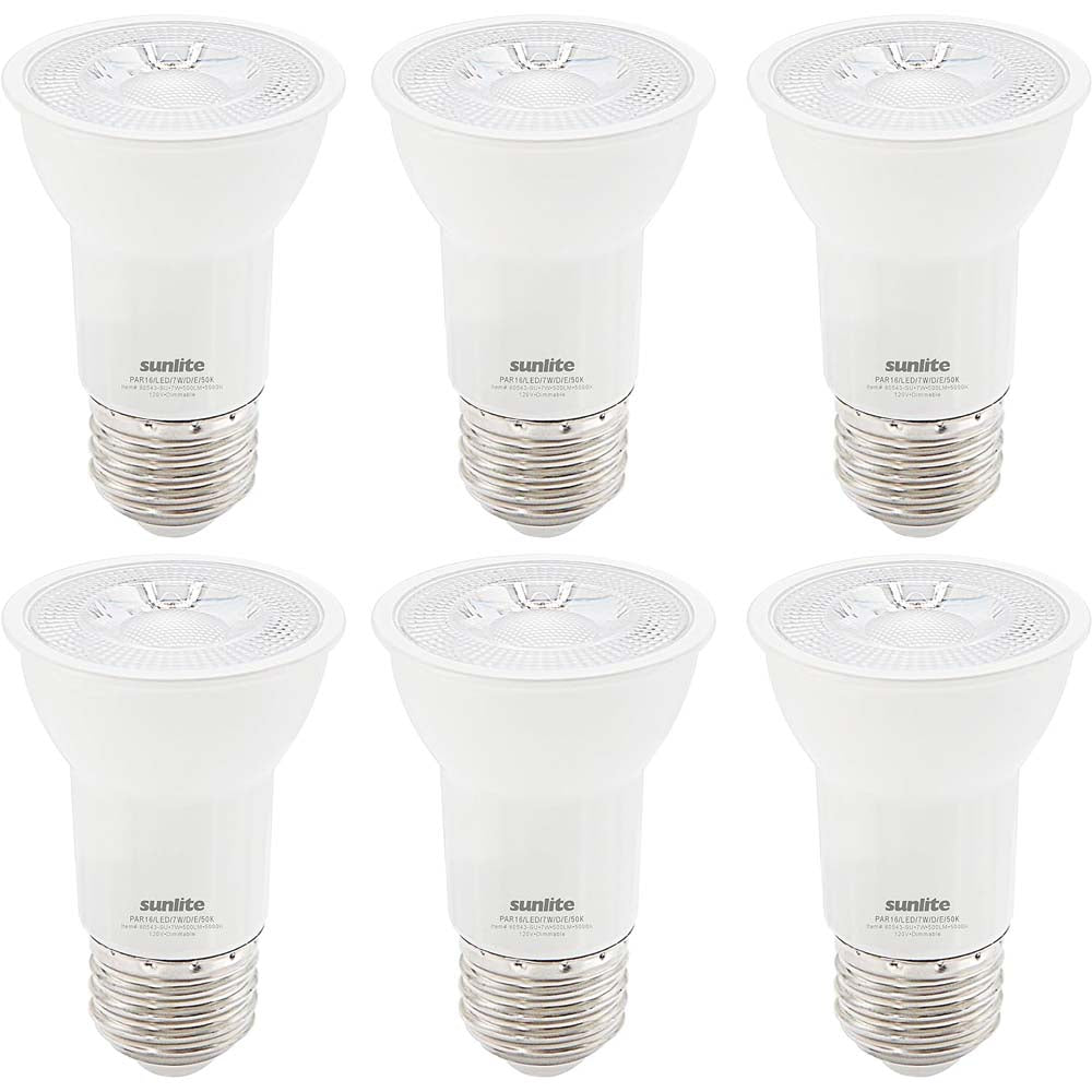 6Pk - Sunlite 7w LED PAR16 Long Neck SpotE26 Base 5000K Bulb - 75W Equiv