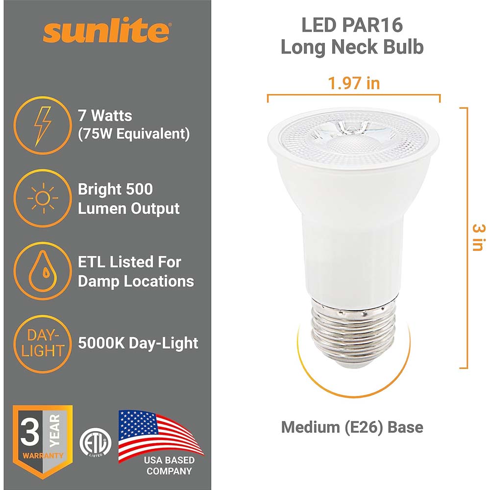 6Pk - Sunlite 7w LED PAR16 Long Neck SpotE26 Base 5000K Bulb - 75W Equiv