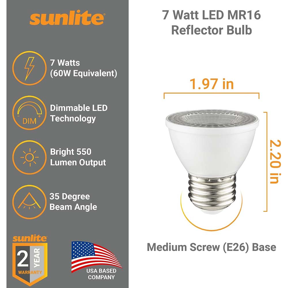 6Pk - Sunlite 7w LED PAR16 Short Neck SpotE26 Base 4000K Bulb - 60W Equiv