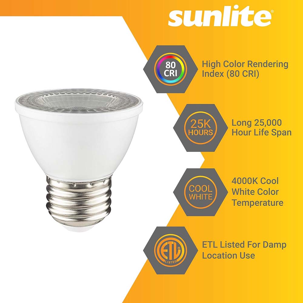 6Pk - Sunlite 7w LED PAR16 Short Neck SpotE26 Base 4000K Bulb - 60W Equiv