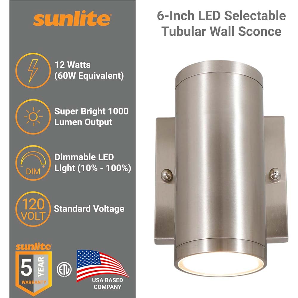 Sunlite 6-In 12w LED Tubular Up/Down Wall Sconce Fixture CCT Selectable Dimmable