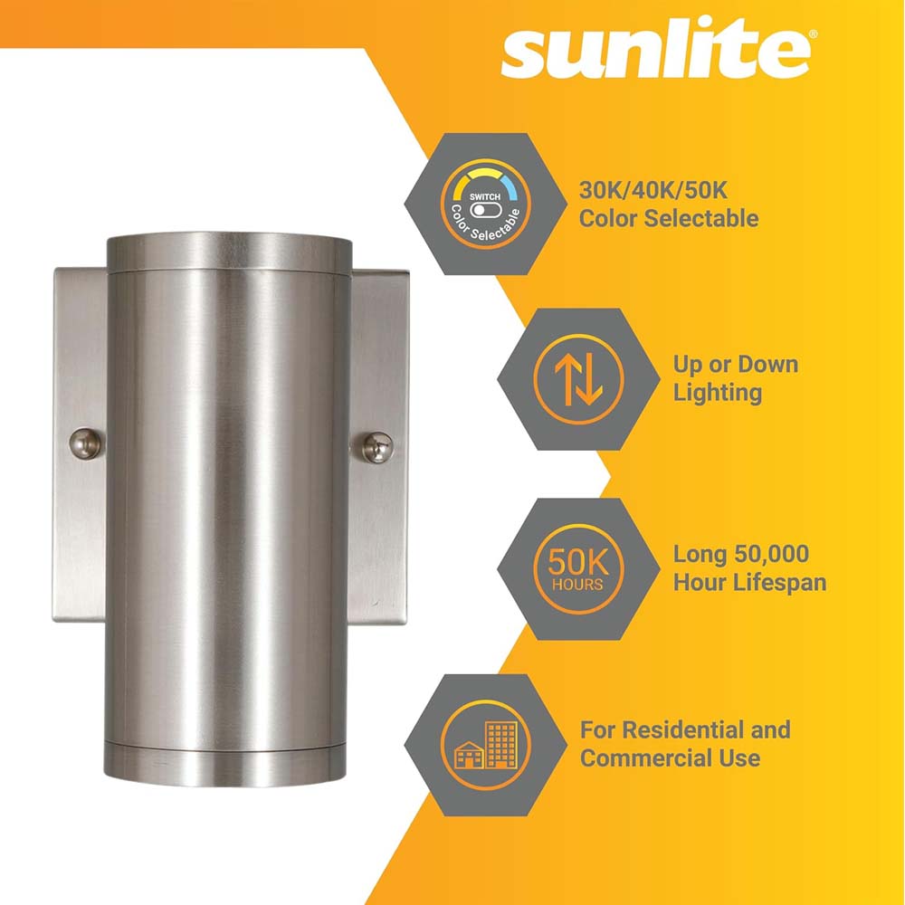 Sunlite 6-In 12w LED Tubular Up/Down Wall Sconce Fixture CCT Selectable Dimmable