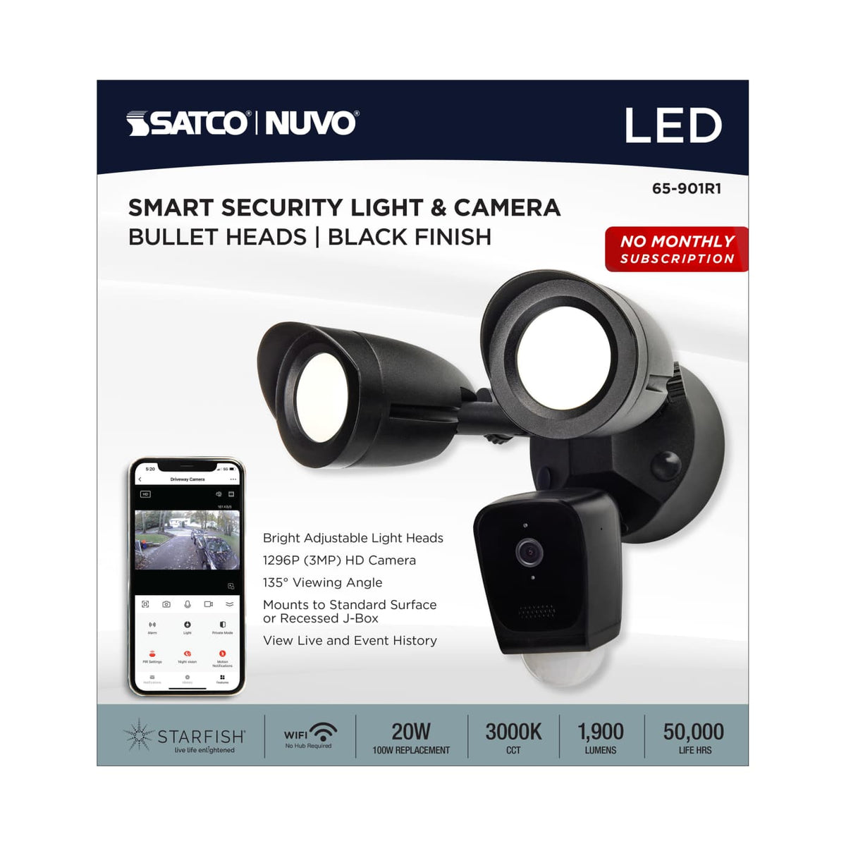Bullet Security Light 3000K With Camera in Black Finish