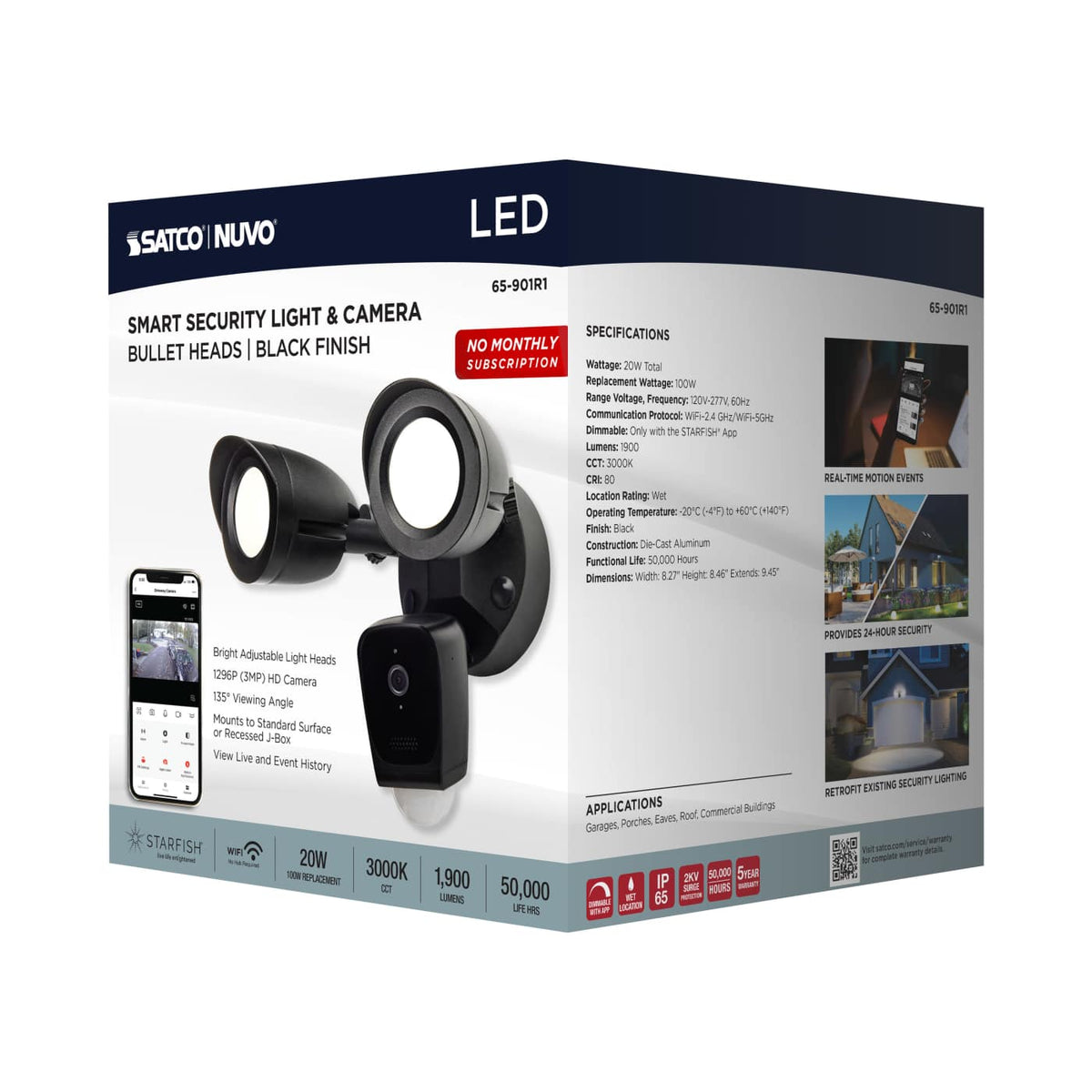 Bullet Security Light 3000K With Camera in Black Finish