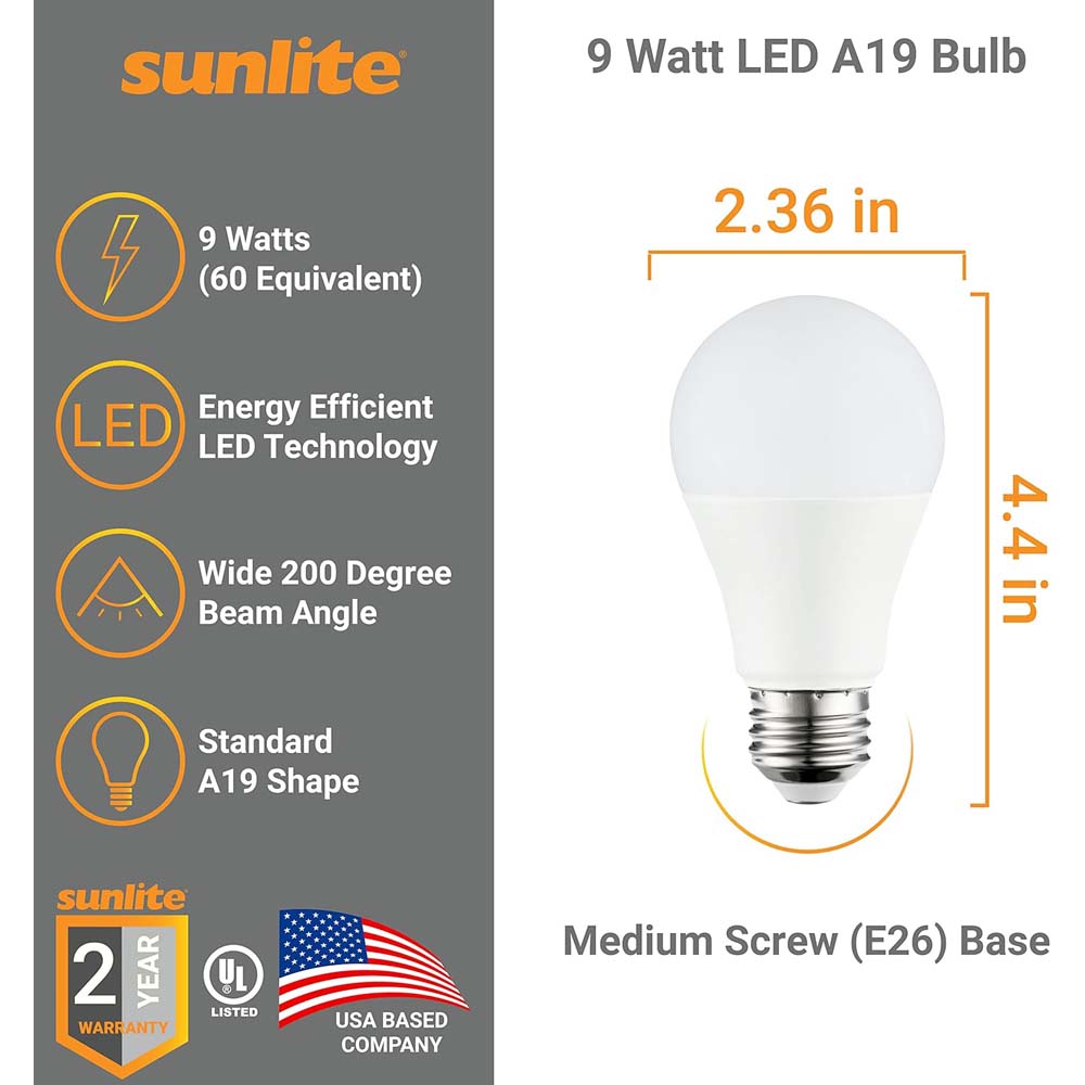 3Pk - Sunlite 9w A19 LED 4000K 800Lm Non-Dimmable Bulb - 60W Equiv