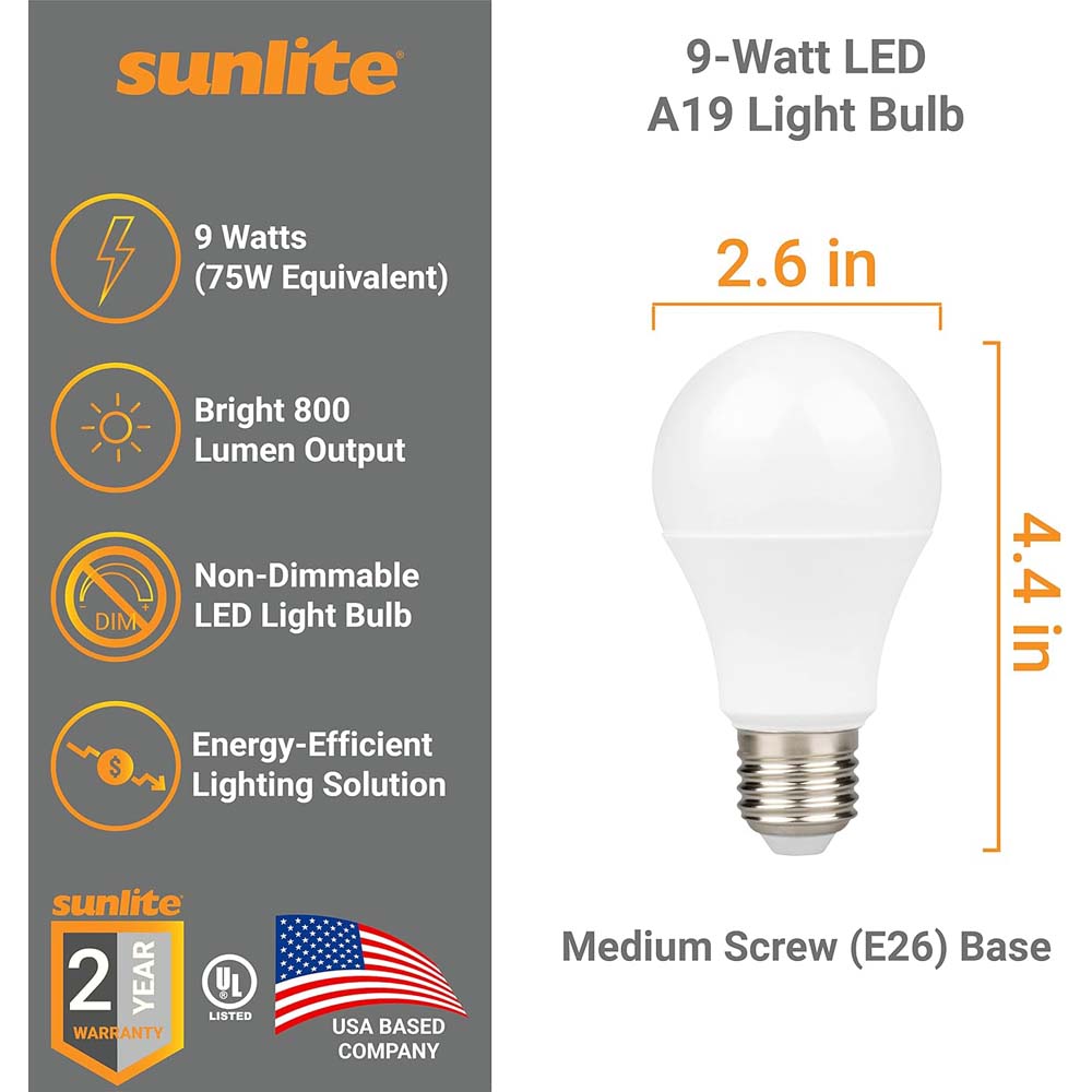 3Pk - Sunlite 9w A19 LED 2700K 800Lm Non-Dimmable Bulb - 60W Equiv